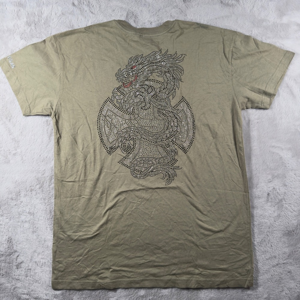 Get‎ Lucky USA Mens Large Rhinestone Dragon T-Shirt Olive Green Las Vegas Y2K